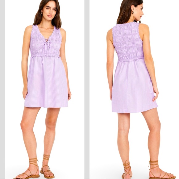 NWTS💓GAP OLD NAVY XL💓LILAC & WHITE STRIPED GREEK SEERSUCKER FIT & FLARE DRESS - Picture 1 of 16